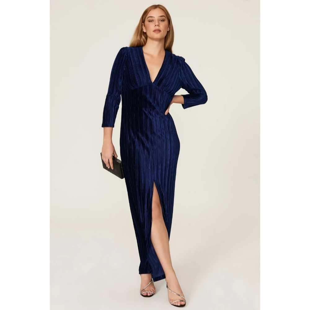 Shoshanna Celsey Velvet Column Gown 12 Ribbed Long Sleeve Formal Maxi Dress Blue